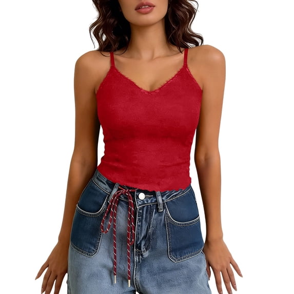 QATAINLAV Womens Lace Camisole Top Casual V Neck Tank Tops with Built-in Bra Pads Summer Spaghetti Straps Sleeveless Shirts Black M