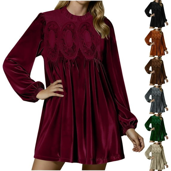 QATAINLAV Womens Lace Trim Velvet Dresses Long Sleeve Swing Babydoll Mini Dress Pleated Round Neck Cocktail Party Dresses, Green, XL