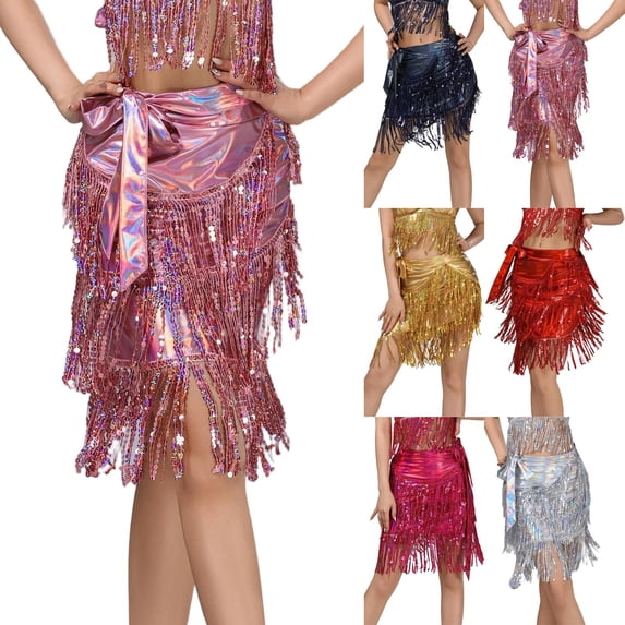 QATAINLAV Womens Latin Dance Hip Scarf with Tassels Belly Tango Dance Skirt Fringe Sequins Wrap Skirts Festival Clothing Silver