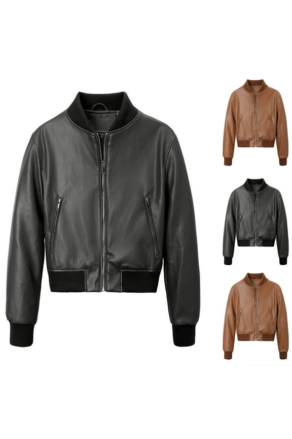 Womens Leather Bomber Jackets Long Sleeve Stand Collar Varsity Baseball Jacket Fall Zip Up Cropped Moto Coats with Pockets, Brown, L