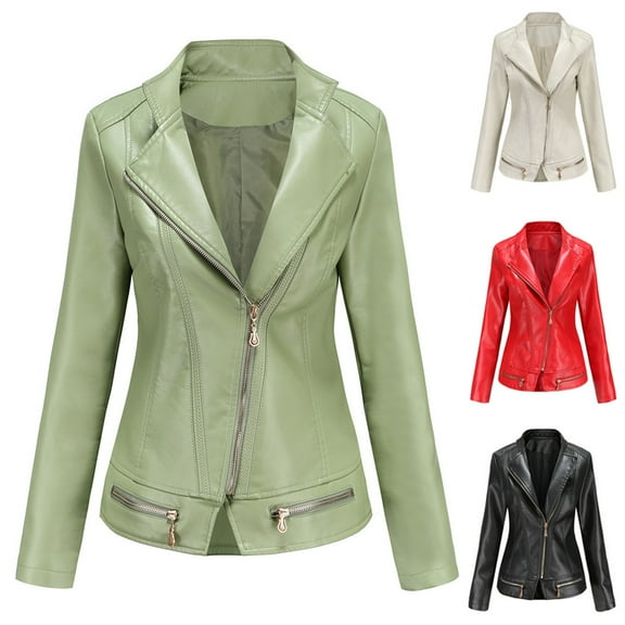QATAINLAV Womens Leather Jacket Casual Lapel Collar Faux Leather Moto Jackets Fall Winter Long Sleeve Zipper Up Coats, White, S