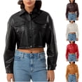 thumbnail image 1 of QATAINLAV Womens Leather Jacket Lapel Collar Button Down Long Sleeve Cropped Motorcycle Jackets, Red, S, 1 of 9