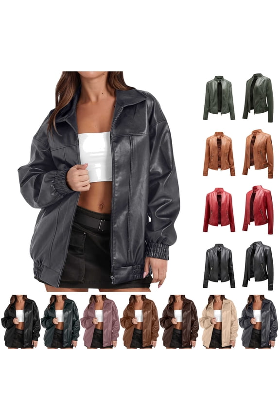 Womens Leather Jackets Casual Zip Up Bomber Motorcycle Coats Fashion Fall Winter Clothes, Black, S
