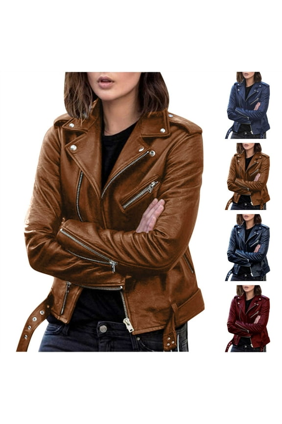 Womens Leather Jackets Slim Fit Cropped Motorcycle Coat Solid Color Plus Size Long Sleeve Zip Moto Biker Jacket, Wine, M