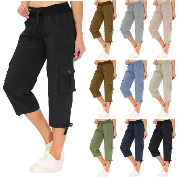 QATAINLAV Womens Lightweight Cargo Capris Baggy Casual Drawstring Elastic Waist Running Hiking Cropped Pants with Pockets, Green, M