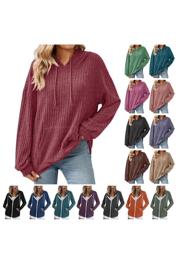 Womens Lightweight Hoodie Sweaters Ribbed Knit Casual Hooded Sweatshirts Fall Long Sleeve Pullover Going Out Tops, Pink, L