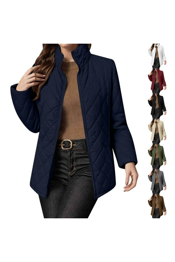 Womens Lightweight Quilted Jacket Warm Long Sleeve Zip up Coat Solid Color Casual Puffer Jackets Fall Winter Outwear, Navy, XXL