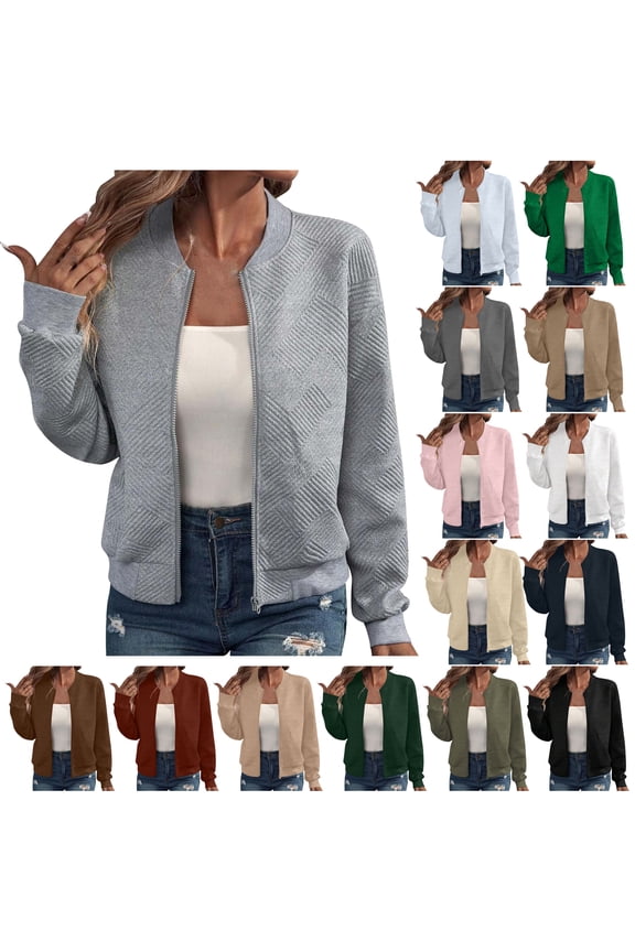 Womens Lightweight Zip Up Bomber Jacket Solid Casual Textured Long Sleeve Baseball Outerwear Fall Fashion Clothes, Gray, S