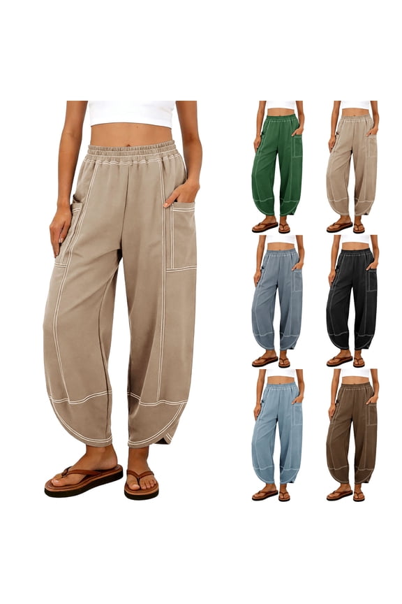 Womens Linen Baggy Barrel Pants Baggy Wide Leg Tulip Hem Trousers Casual Elastic Waist Lounge Pants with Pockets Streetwear Khaki S