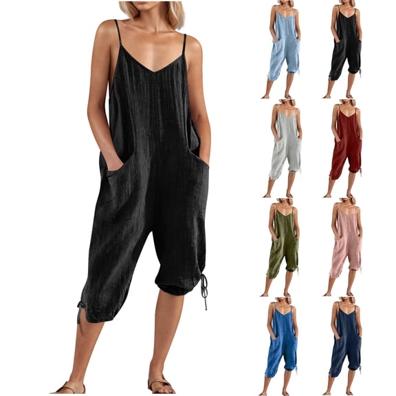 QATAINLAV Womens Linen Capri Jumpsuits Spaghetti Straps V Neck Cinch Bottom Rompers Casual Loose Fit Onesie Pant Cropped Overalls with Pockets Light Blue M Gifts for Girls