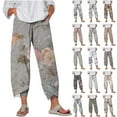 thumbnail image 1 of QATAINLAV Womens Linen Capri Pants Casual Elastic High Waisted Petal Hem Cropped Pant Trendy Floral Printed Capris Plus Size Summer Beach Vacation Clothes Multicolor L Birthday Gifts, 1 of 6