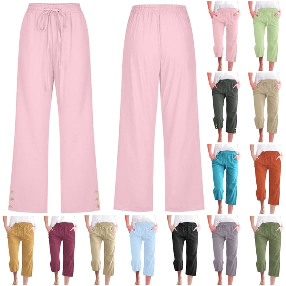 QATAINLAV Womens Linen Capris Pants High Waist Drawstring Comfy Casual Cropped Trousers Lightweight Loose Buttons Trim Capri Pant with Pockets Army Green L
