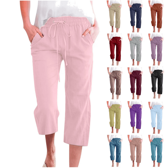 Ofertas en Walmart! QATAINLAV Womens Linen Capris Pants High Waist Drawstring Comfy Casual Cropped Trousers Lightweight Loose Buttons Trim Capri Pant with Pockets Khaki S