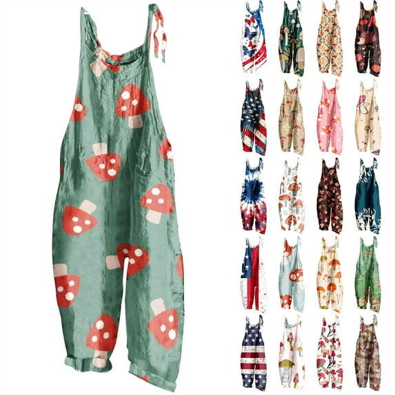 QATAINLAV Womens Linen Jumpsuits with Pockets Summer Sleeveless Adjustable Strap One Piece Pants Casual Wide Leg Overalls Mushroom Print Hippie Romper Clearance Items Pink XL