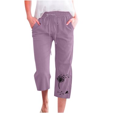 QATAINLAV Womens Linen Pants High Waisted Wide Leg Cropped Trousers Casual Dandelion Print Capris Pants Loose Drawstring Trouser with Pockets Blusas de Mujer, Purple, 3XL