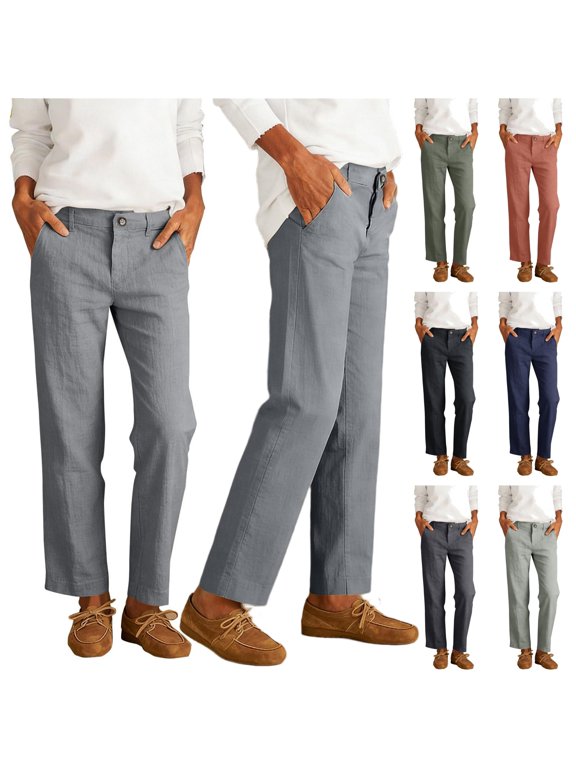 Womens Linen Pants for Summer Casual Button Down Wide Leg Dress Pants Solid Color Palazzo Work Trousers with Pockets Navy S