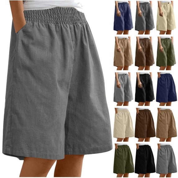 QATAINLAV Womens Linen Shorts Plus Size Loose Comfy Bermuda Shorts Solid Color Elastic Waist Lounge Short Pants Summer Beach Vacation Outfits Beige M Sales of The Day Lightning