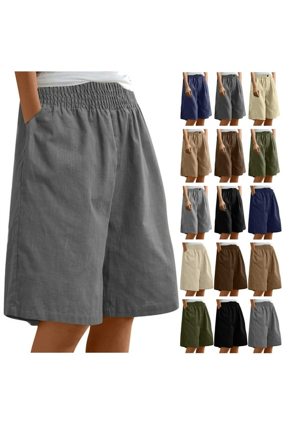 Womens Linen Shorts Plus Size Loose Comfy Bermuda Shorts Solid Color Elastic Waist Lounge Short Pants Summer Beach Vacation Outfits Khaki XXXL Mother's Day Gifts