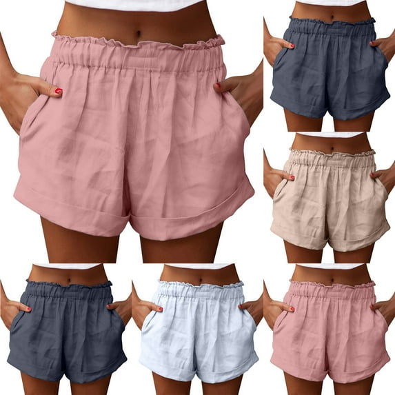 QATAINLAV Womens Linen Shorts with Pockets Casual 2025 Summer Comfy Elastic Waist Lounge Shorts Loose Fit Cute Wide Leg Beach Shorts Khaki L Hoy Oferta Flash