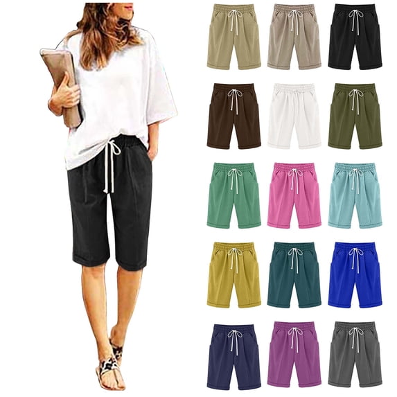 QATAINLAV Womens Linen Shorts Summer Casual Drawstring Knee Length Beach Shorts Solid Color Lounge Bermuda Shorts with Pockets Navy XXL