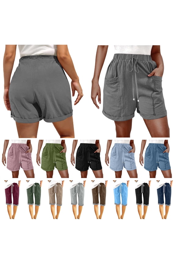 Womens Linen Shorts2025 Summer Casual Drawstring Elastic Waisted Beach Shorts Soild Color Loose Wide Leg Short Pants with Pockets Black M Hoy Oferta Flash