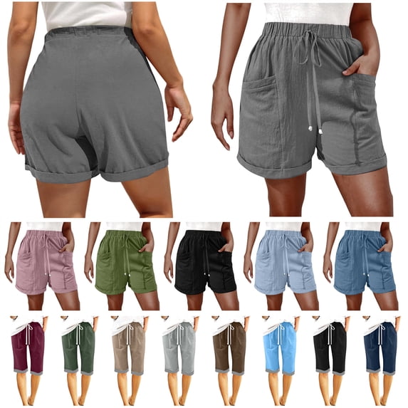 QATAINLAV Summer Shorts for Women Elastic Waist Drawstring Vacation Beach Shorts Solid Casual Linen Shorts with Pockets Gray L