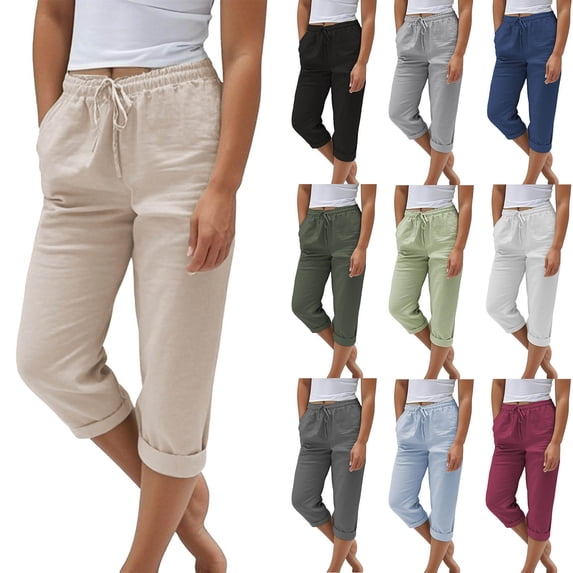 QATAINLAV Womens Linen Summer Pants Drawstring Gauze Beach Vacation Trousers Dressy Cropped Pant with Pockets Dark Gray M Birthday Gifts