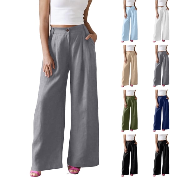 QATAINLAV Womens Linen Wide Leg Palazzo Pants Summer Button Front Elastic Waist Work Trouser Loose Casual Dress Pants with Pockets Light Blue L