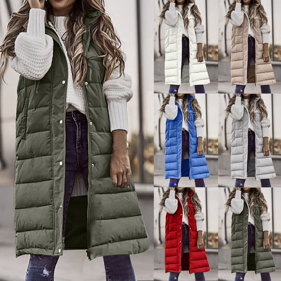 QATAINLAV Womens Long Puffer Vest Sleeveless Puffer Jacket with Hood Casual Button Down Zip Up Vests Winter Coats Warm Outerwear, Blue, S