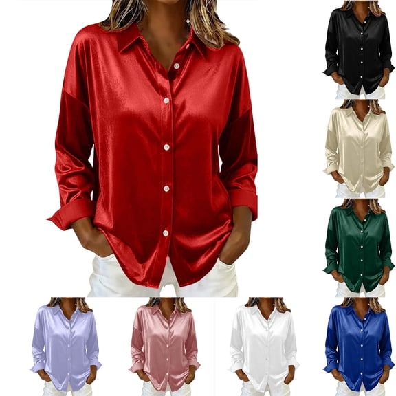 QATAINLAV Womens Long Sleeve Collared Neck Shirts Casual Button Up Satin Blouses Business Office Work Tops Wine S