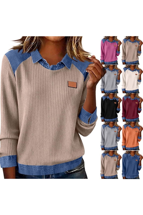 Womens Long Sleeve Collared Sweaters Ribbed Knit Patchwork Denim Cuffs Pullover Tops Vintage Polos Sweatshirt White M