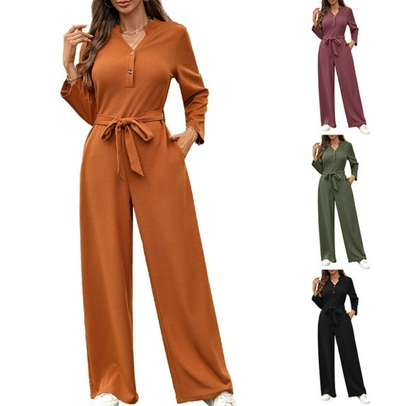 QATAINLAV Womens Long Sleeve Dressy Casual Jumpsuits Button Down V Neck Belt Pockets Rompers Solid Color One Piece Pants Vacation Outfits Wine M