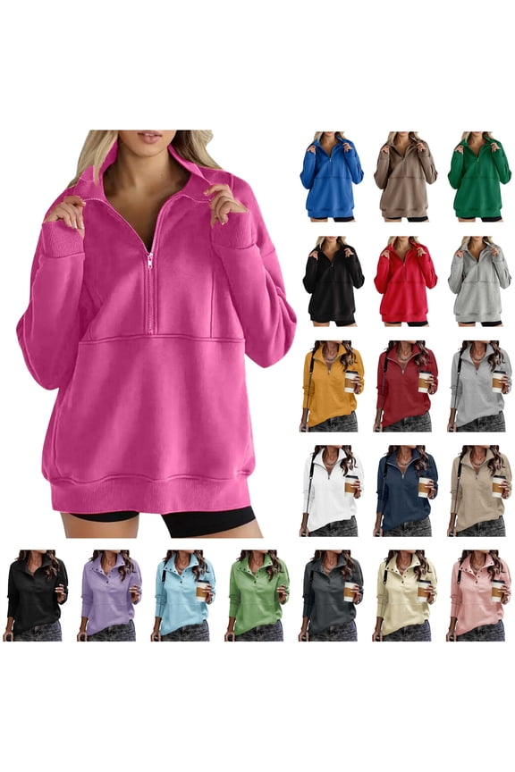 Womens Long Sleeve Polos Shirts Business Work Casual V Neck Collared Tops Button Down Loose Fit Pullover Sweatshirts, Pink, S