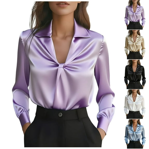 QATAINLAV Womens Long Sleeve Satin Blouse Casual Dressy Silk V Neck Shirts Business Office Twist Front Work Tops, Blue, XXL