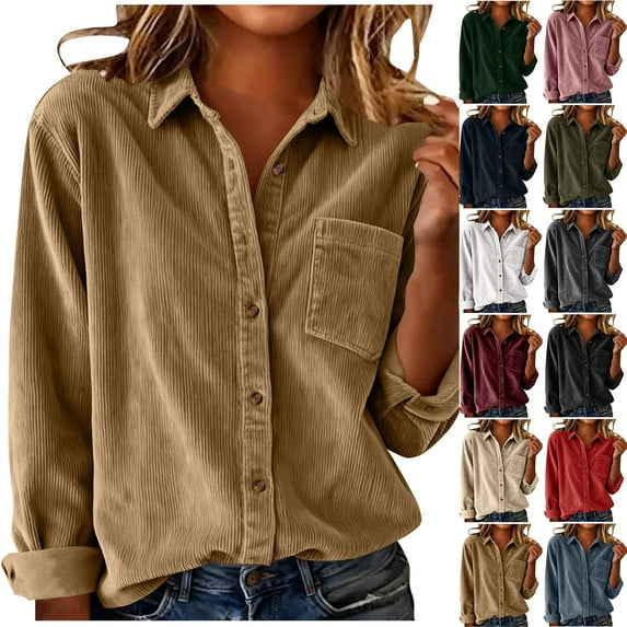 QATAINLAV Womens Long Sleeve Shirts Jackets Corduroy Collared Button Down Shackets Solid Color Boyfriend Tops with Pocket, Dark Blue, XL