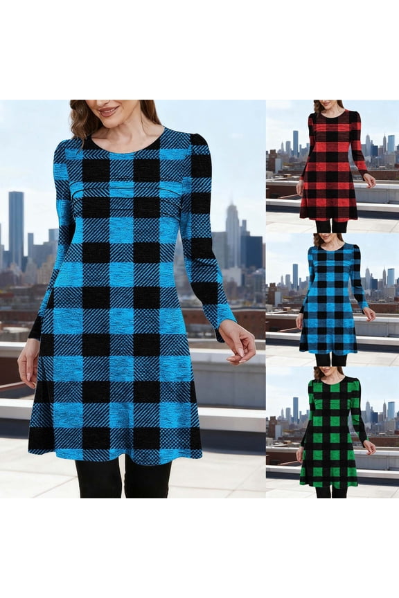 Womens Long Sleeve Tunic Dress Plaid Pleated Front Swing Sweater Dress Relaxed Fit Round Neck Mini Dress with Pockets