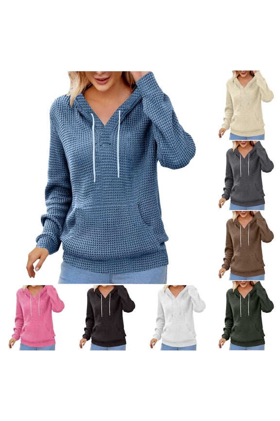 Womens Long Sleeve V Neck Hoodies Waffle Knit Textured Hooded Sweatshirts Casual Loose Pullover Tops with Pockets, Brown, S