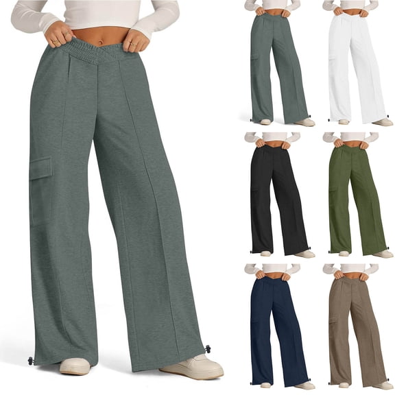 QATAINLAV Womens Loose Fit Cargo Sweatpants Casual V Crossover Waist Bound Ankle Pants Solid Color Lounge Trousers with Pockets Ofertas en Walmart Army Green M