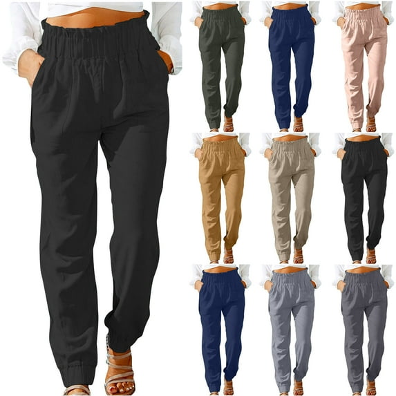 QATAINLAV Womens Loose Fit Cotton Linen Trousers 2025 Summer Elastic Waist Beam Feet Pants Solid Color Casual Lightweight Beach Pants with Pockets Pink L Mother's Day Gifts