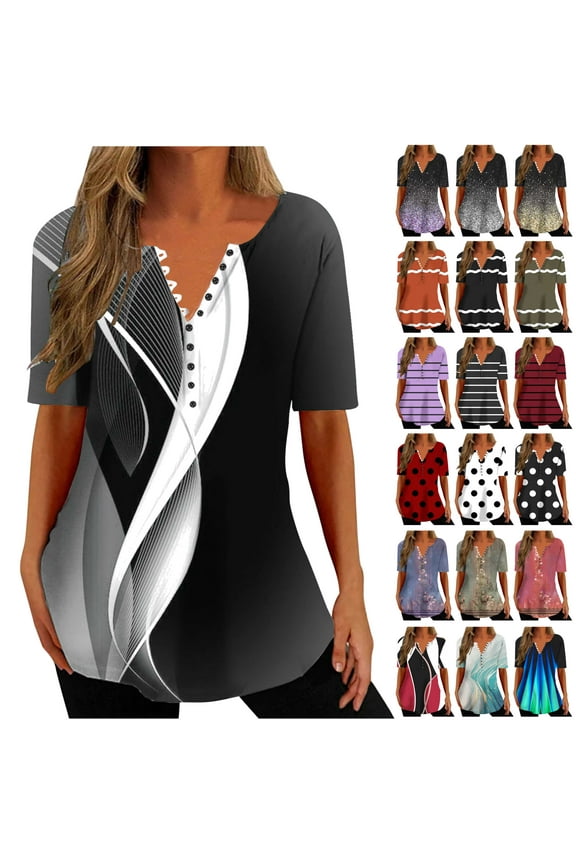 Womens Loose Fit Henley Shirts 2025 Fashion Stripe Print Tunic Blouses Button Down V Neck Causal Tops Summer Short Sleeve Pleated Shirt Gray XL