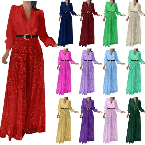 QATAINLAV Womens Loose V Neck Long Sleeve Jumpsuits Fashion Glitter Sequin Splicing Wide Leg Jumpsuit Evening Sparkly Fold One Piece Pants Party Outfit Hot Pink S Gifts for Girls