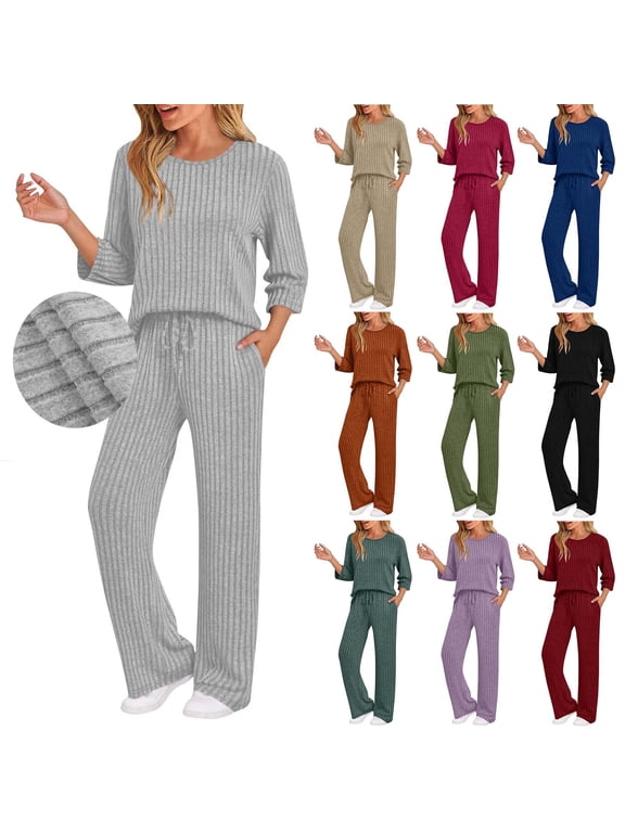 Womens Lounge Set Cute 3/4 Sleeve Pajama Sets Casual Ribbed Knit Pullover Sweater and Wide Leg Pants 2 Piece Outfits Fall Sleepwear