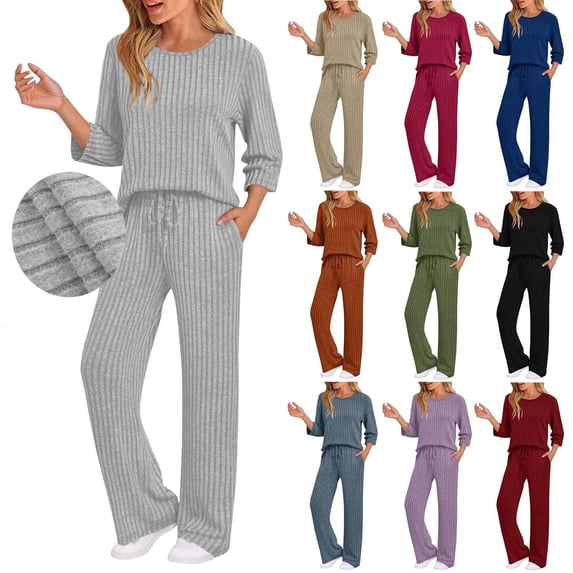 QATAINLAV Womens Lounge Sets 2 Piece Matching Pajamas Fall Fashion Ribbed Knit Outfits 3/4 Sleeve Casual Sweatsuits