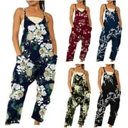 QATAINLAV Women's Casual Baggy Jumpsuit with Pockets 2025 Fashion Floral Print Overalls Long Trousers Sleeveless Sling Playsuit One Piece Pants Back to School Sales Black XXL