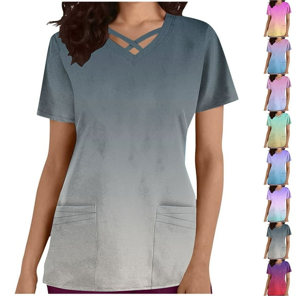 QATAINLAV Womens Medical Scrub Shirt Criss Cross V Neck Short Sleeve Nursing Tops Casual Working Uniform Pocket Tee on Sale Blue L