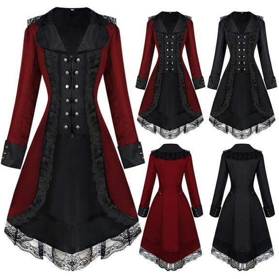 QATAINLAV Womens Medieval Steampunk Tailcoat Victorian Gothic Jacket Dresses Vintage Lace Long Sleeve Zip Up Tuxedo Coat Wedding Uniform, Black, S