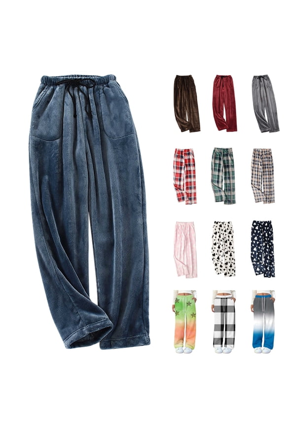 Womens Mens Fuzzy Pajamas Pants Unisex Fluffy Fleece Cozy Lounge Trousers Loose Wide Leg Pj Bottoms with Pockets Winter Clothes, Blue, XL