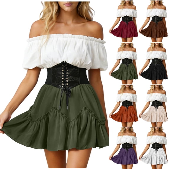 QATAINLAV Womens Mini Skirt Solid Color Cute Pleated Skater Skirts Renaissance Pirate Skirt Summer Vacation Outfits Beige XXL