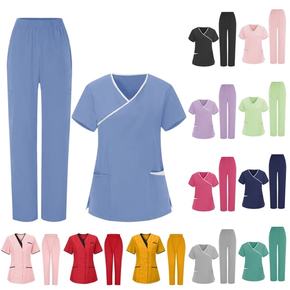 QATAINLAV Womens Nursing Scrubs Sets Housekeeping Uniform Short Sleeve V Neck Shirts and Trousers 2 Piece Outfits Medical Workwear Black L