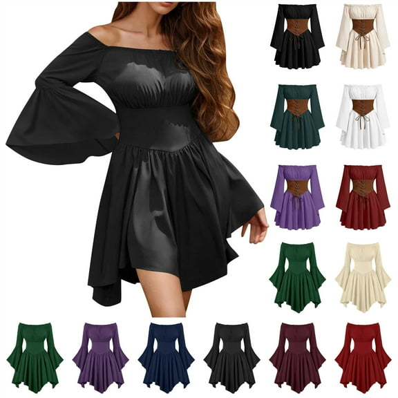 QATAINLAV Womens Off Shoulder Tops Ruffle Long Sleeve Gothic Peasant Shirts Dress Medieval Renaissance Halloween Costume, Beige, S